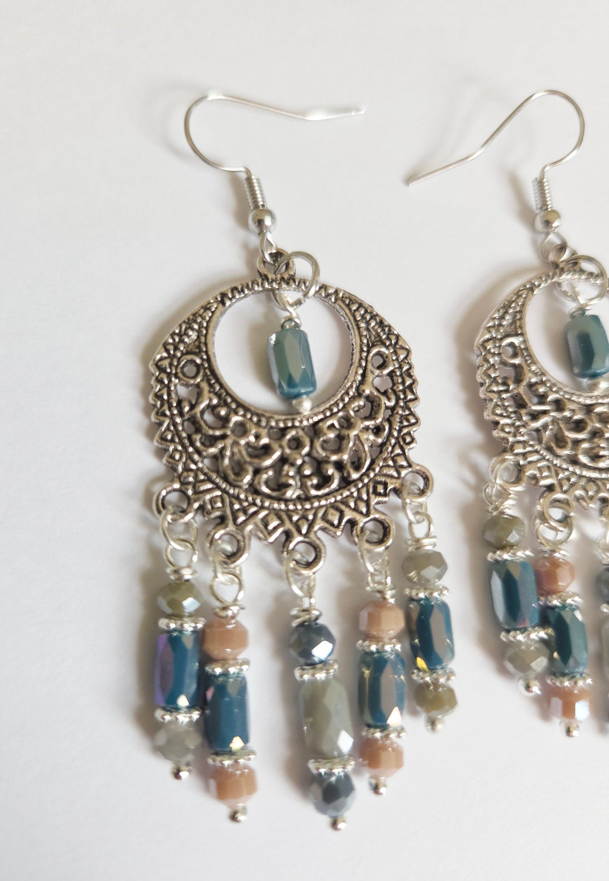Silver filigree boho beaded chandelier earrings