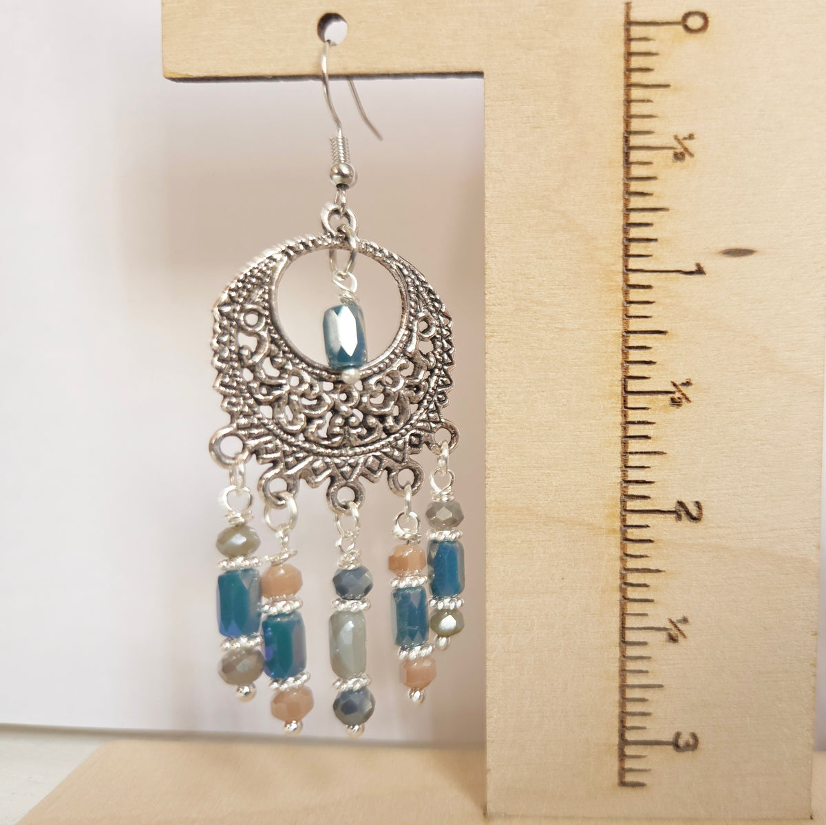 Silver filigree boho beaded chandelier earrings