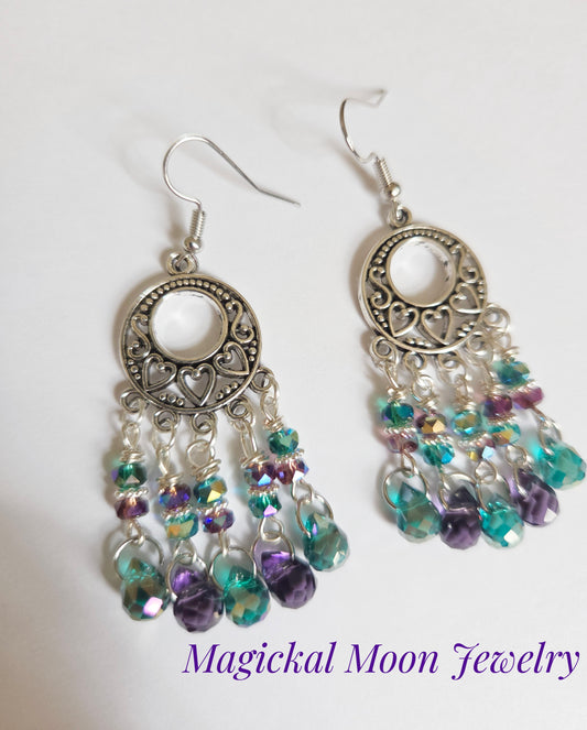 Silver heart chandelier earrings with purple and green beads