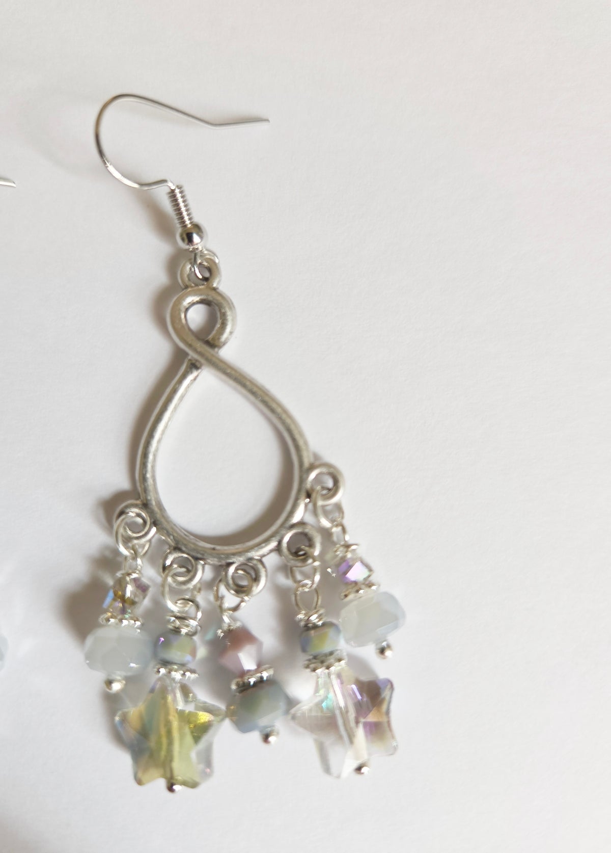 Silver teardrop beaded star chandelier earrings