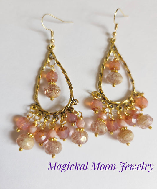 Gold and pink beaded chandelier statement earrings