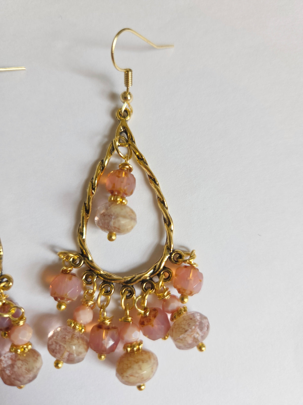 Gold and pink beaded chandelier statement earrings