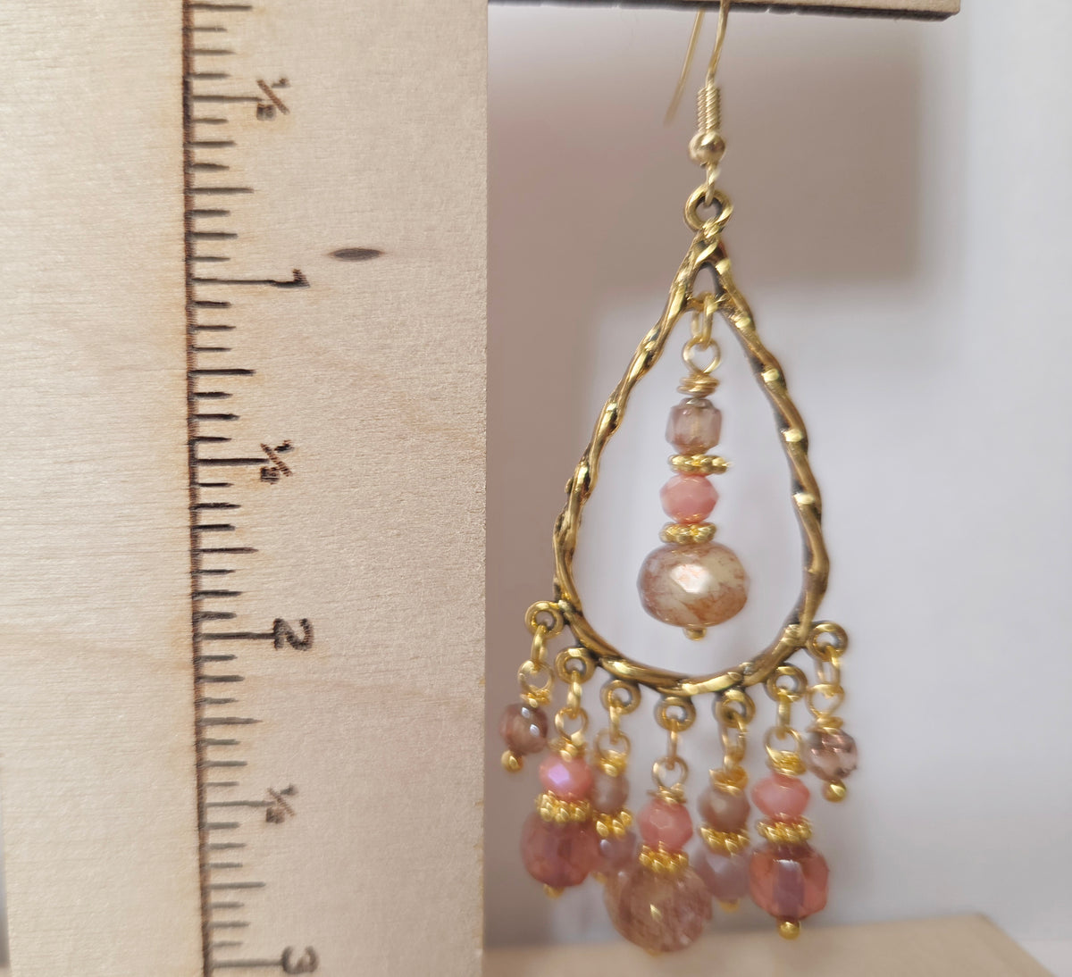 Gold and pink beaded chandelier statement earrings