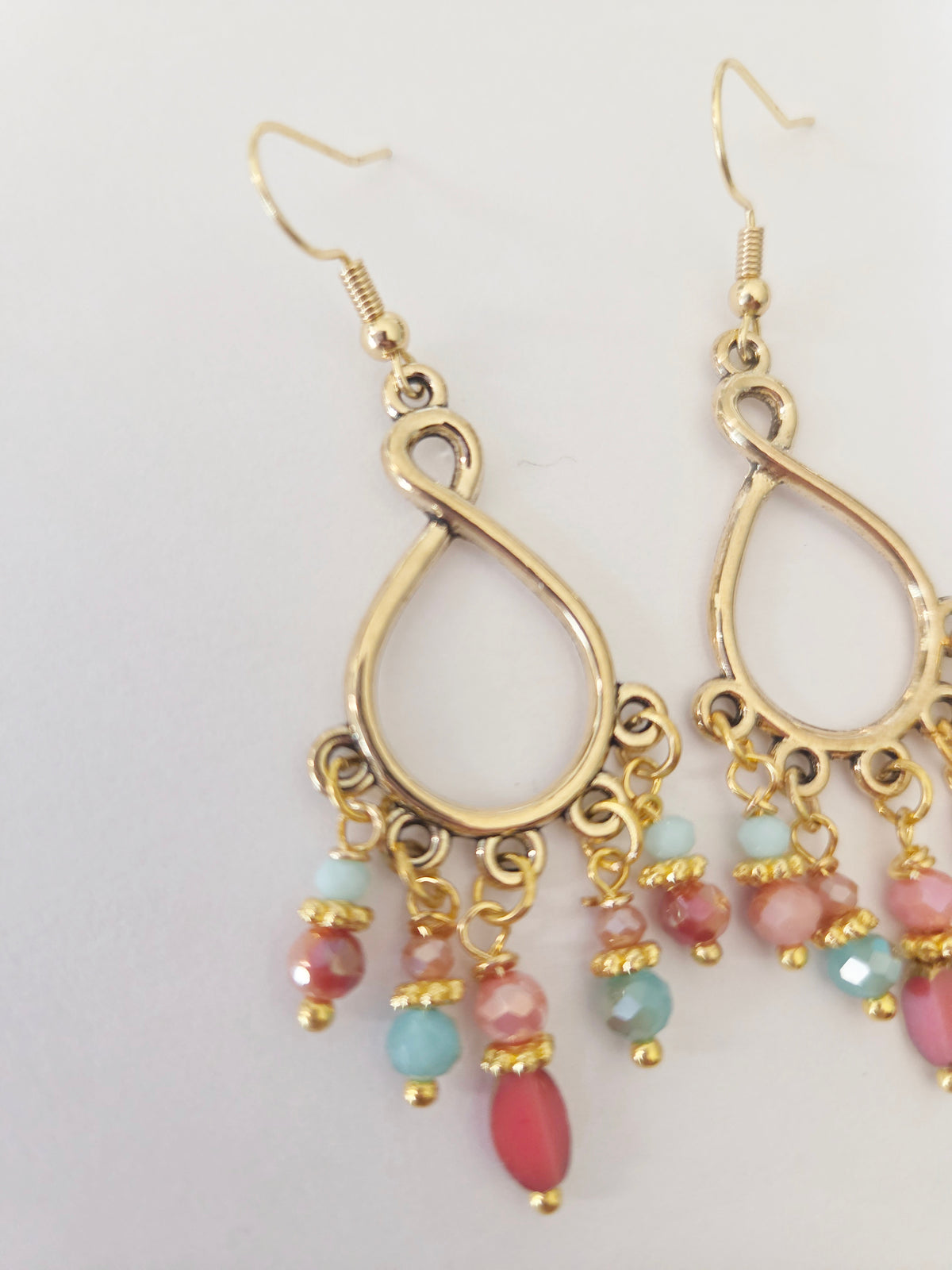 Gold teardrop beaded chandelier statement earrings