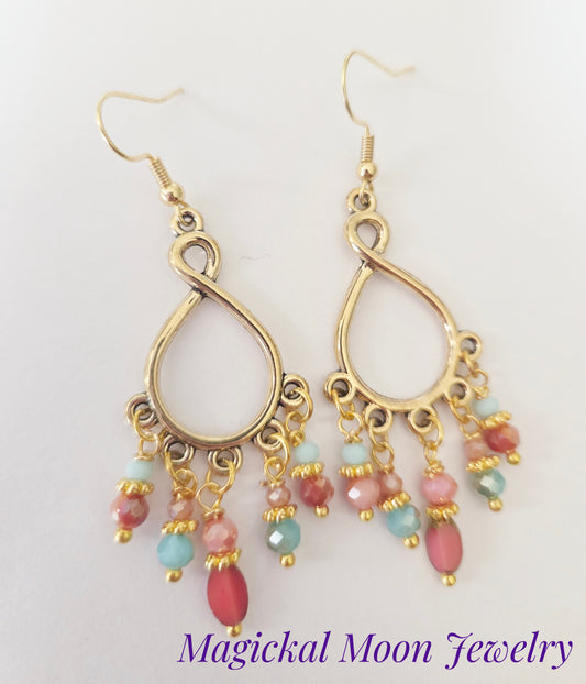 Gold teardrop beaded chandelier statement earrings