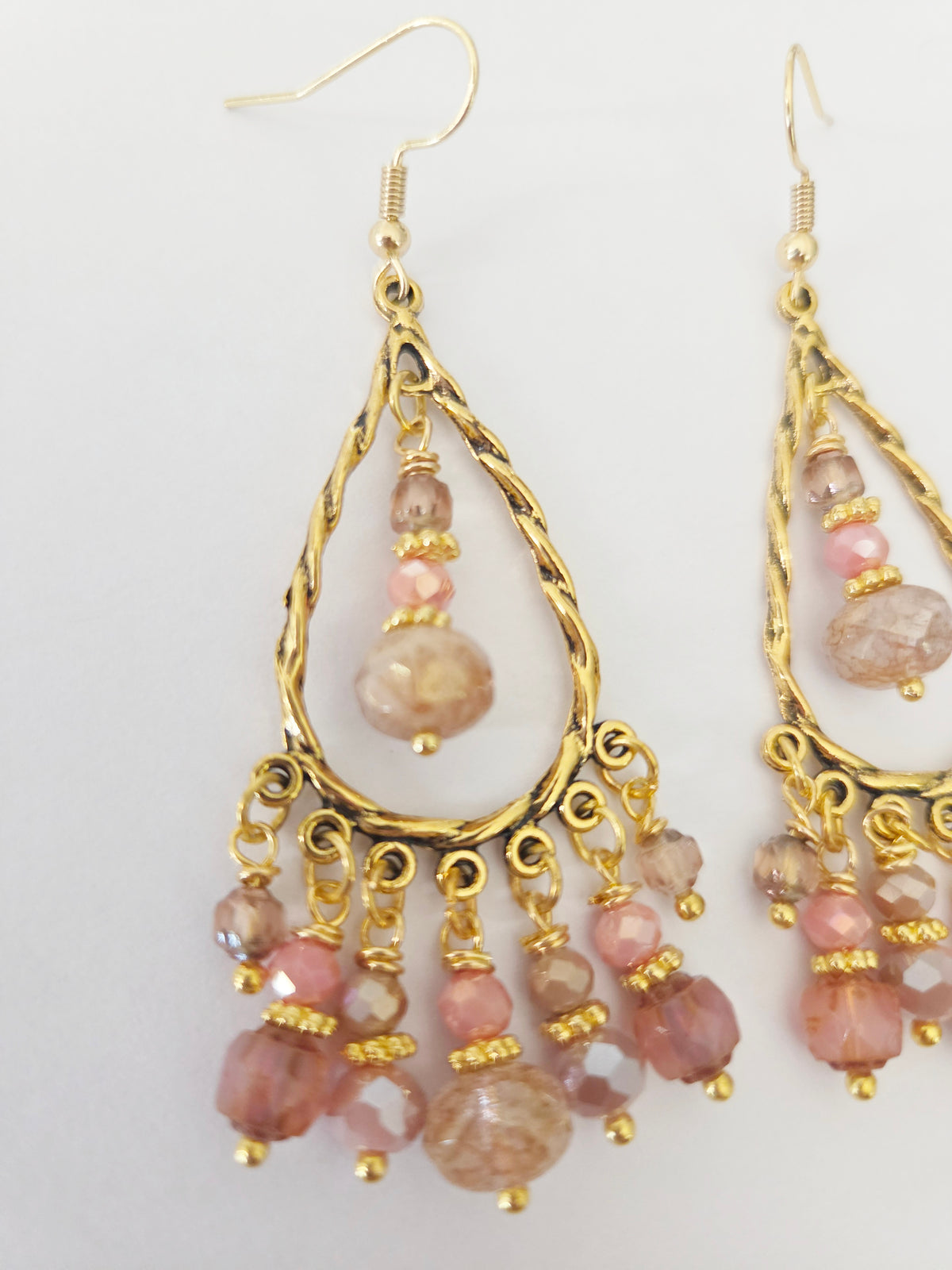 Gold and pink beaded chandelier statement earrings