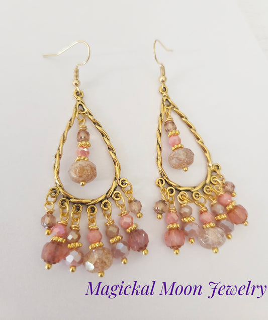 Gold and pink beaded chandelier statement earrings