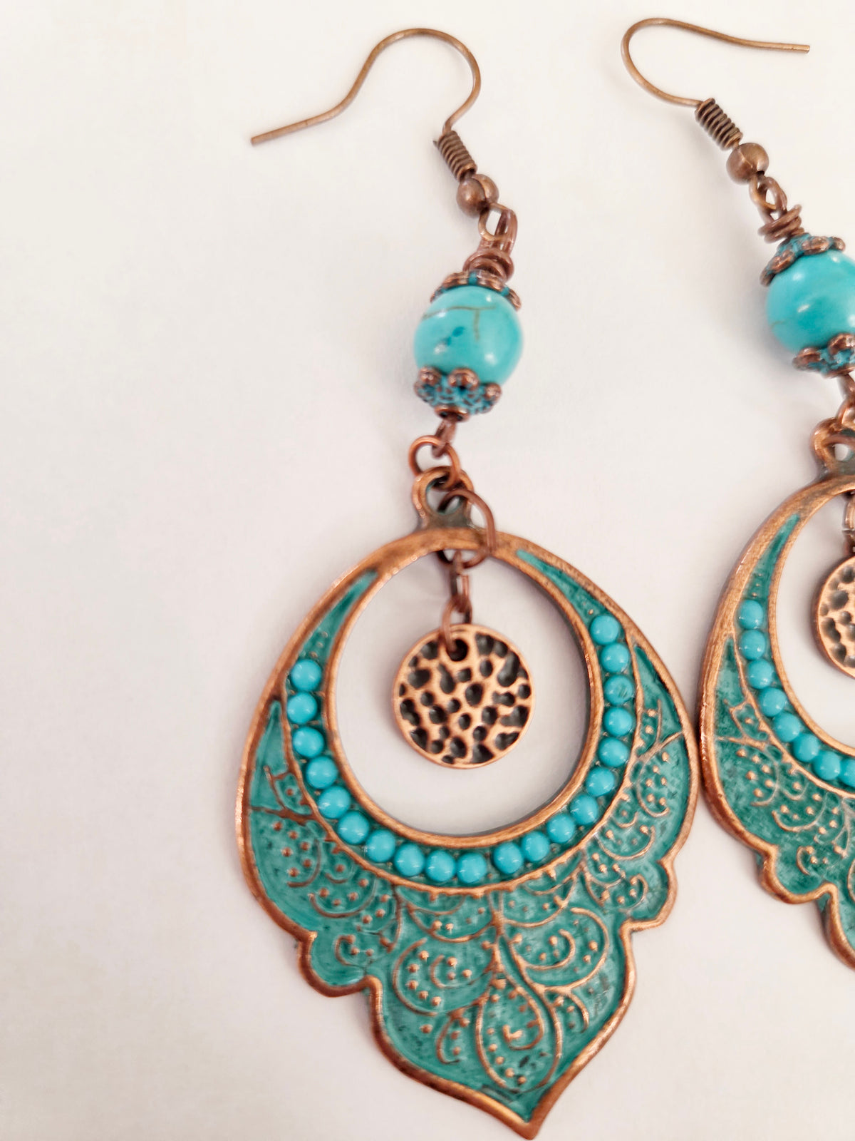 Copper dangle statement earrings with Howlite gemstones