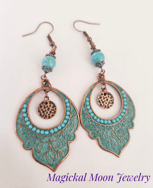 Copper dangle statement earrings with Howlite gemstones