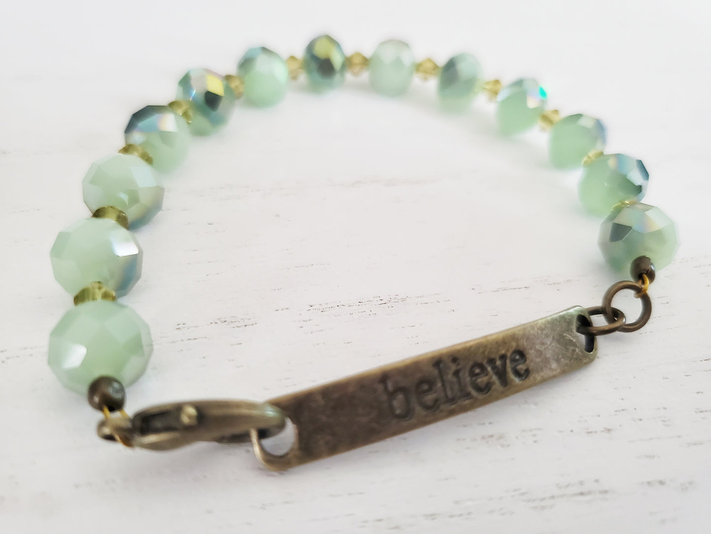 Green Bracelet, Beaded Bracelet, Birthday Gift for Her, Believe, Gold Bracelet, Trendy Jewelry, gifts under 20