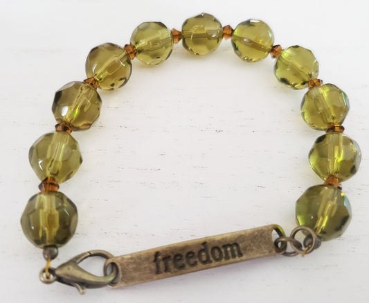 Beaded Bracelet, Inspirational Words, Birthday Gift for Her, Freedom, Gold Bracelet, Green Bracelet, Trendy Jewelry