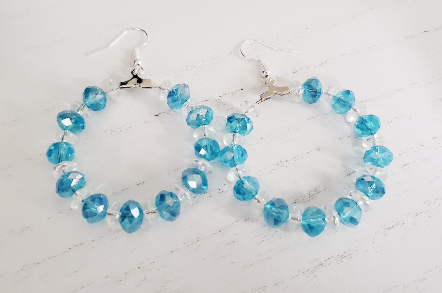 Silver Hoop Earrings, Beaded Hoop Earrings, Trendy Earrings, Gift for Her, Blue Earrings, everyday earrings