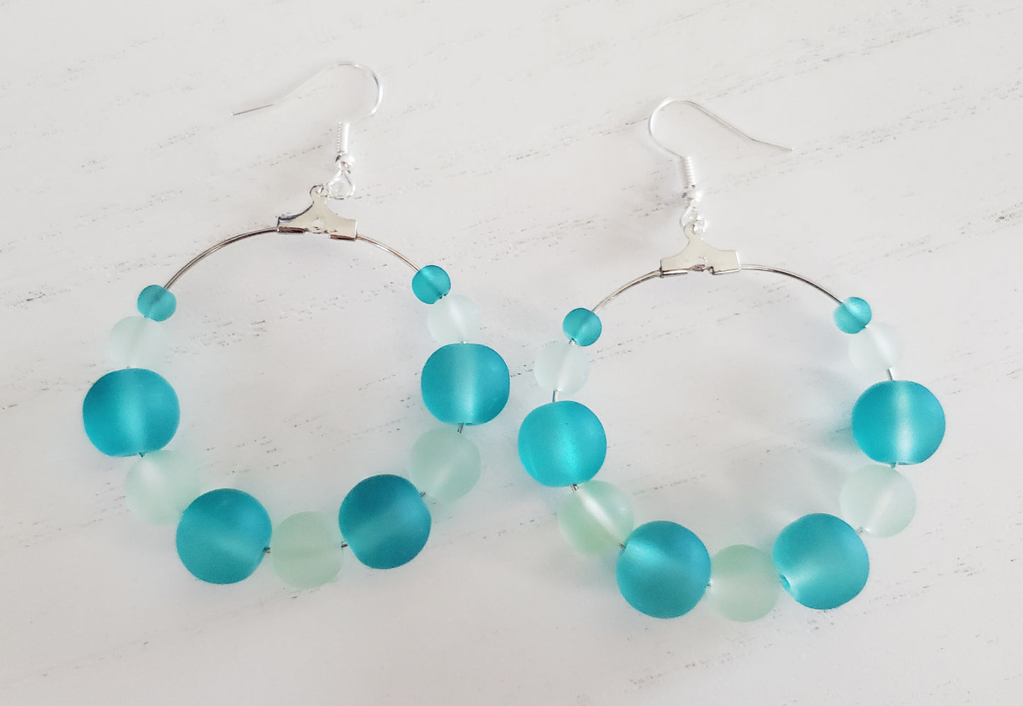 Silver Hoop Earrings, Beaded Hoop Earrings, Trendy Earrings, Gift for Her, Blue Earrings, everyday earrings