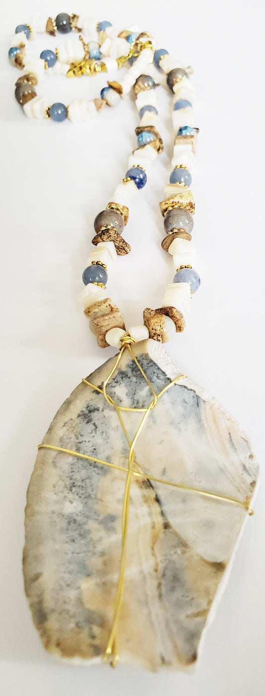 Seashell necklace, gift for beach lover, Mother of Pearl necklace, shell jewelry, summer necklace, Blue Aventurine, Picture Jasper