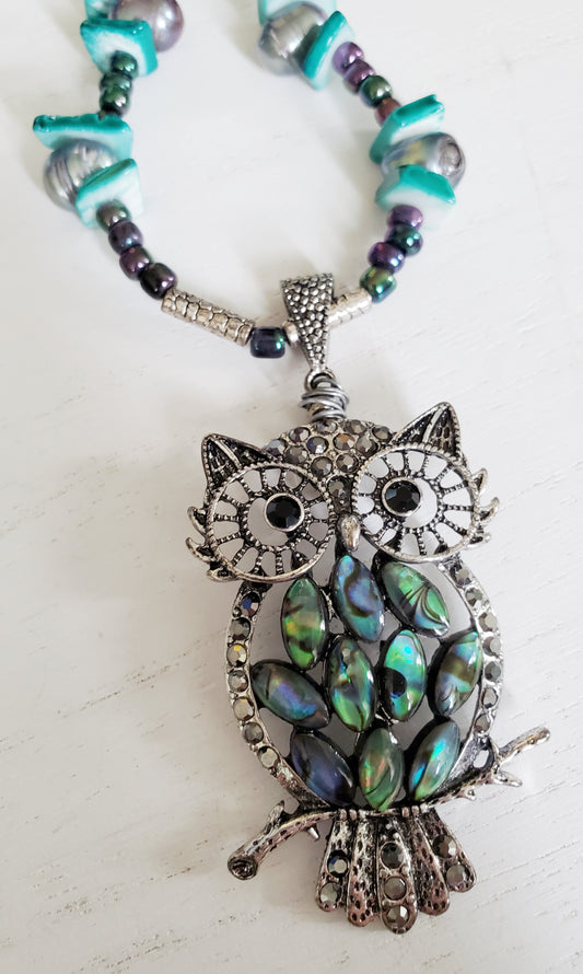 Owl Necklace, Abalone Shell Necklace, Statement Necklace, Beach Jewelry, Beaded Necklace, Sister Gift