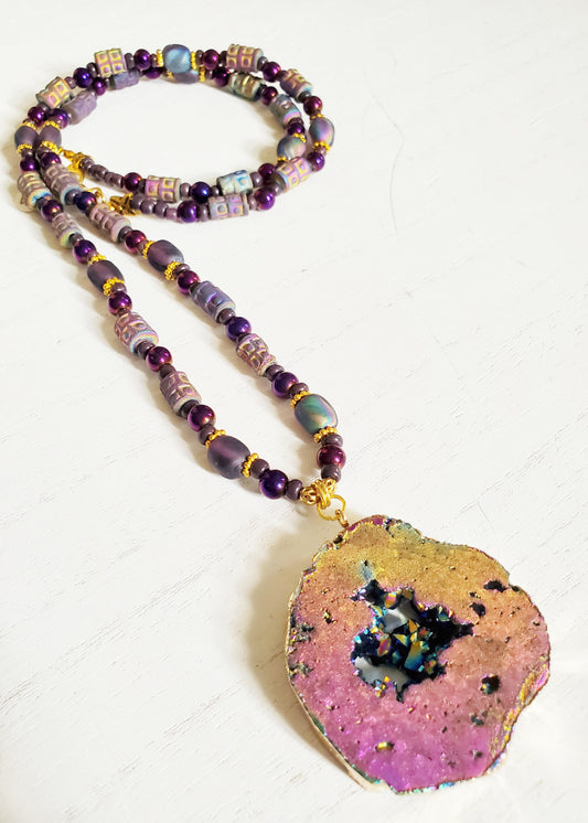 Druzy Necklace, Rainbow Necklace, Beaded Necklace, Statement Necklace, Sister Gift, Gift for Mom, Colorful Necklace