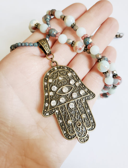 Gold Hamsa necklace, Evil Eye Necklace, beaded necklace, yoga necklace