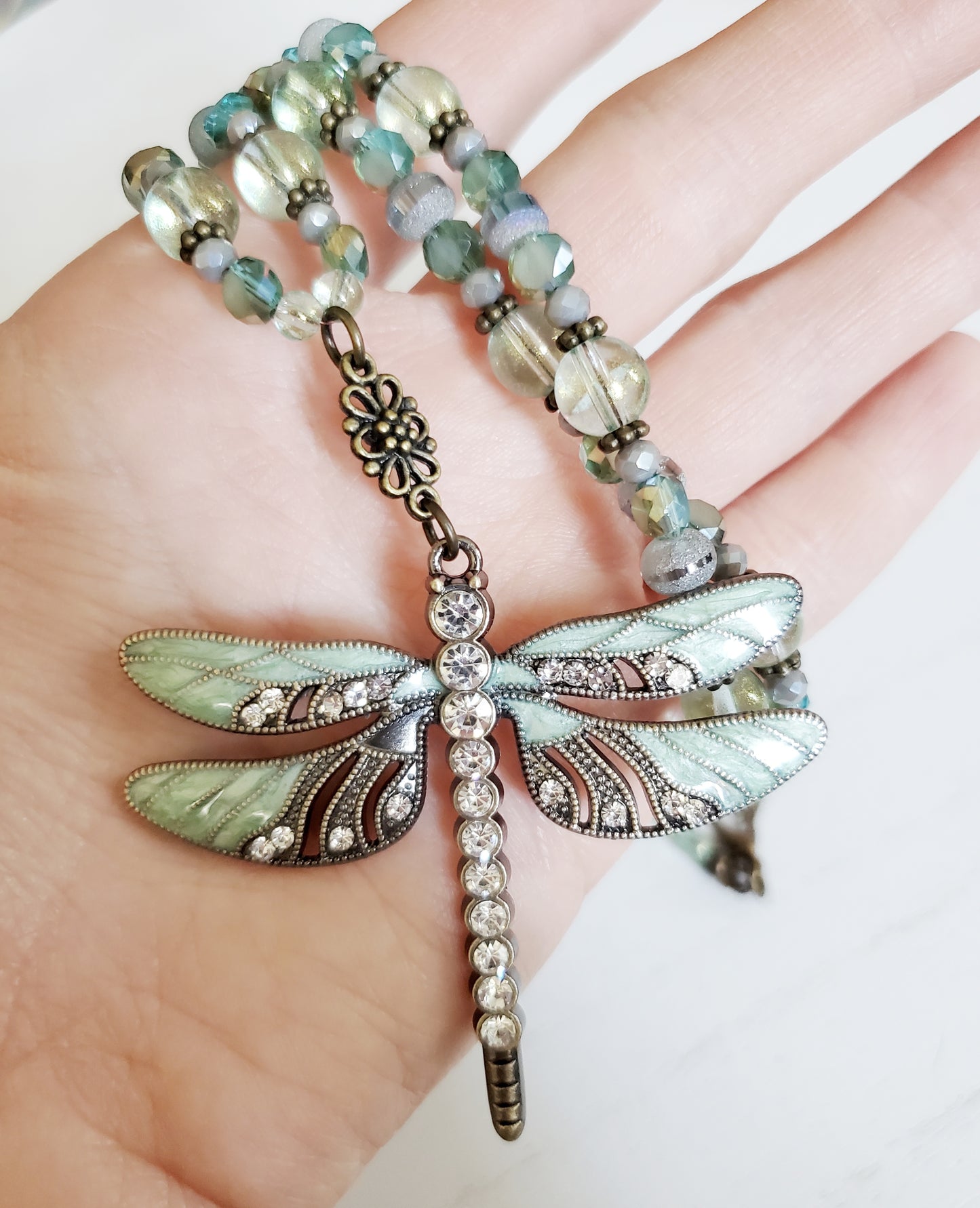 Dragonfly necklace, crystal necklace, sister gift, birthday gift for Mom, long statement beaded necklace, best selling items for her