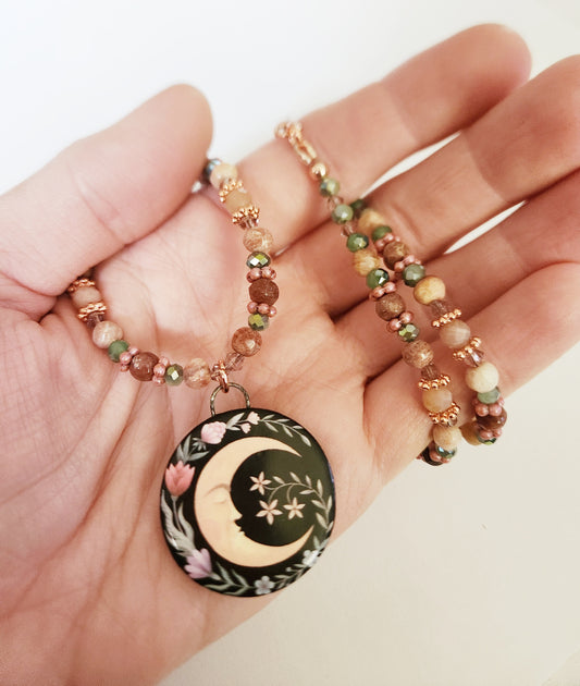 Folkart moon necklace, bright copper necklace, quartz necklace, copper jewelry, statement necklaces for women, birthday gift for best friend