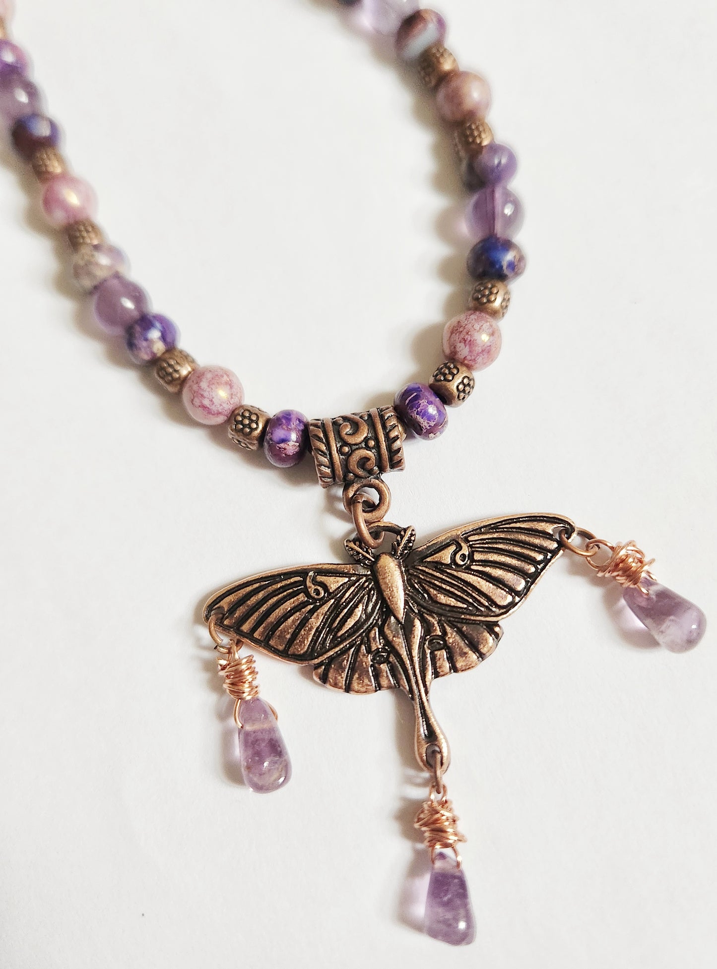 Copper Luna moth necklace, Amethyst Necklace, copper jewelry, Art deco necklace, Best Friend gift