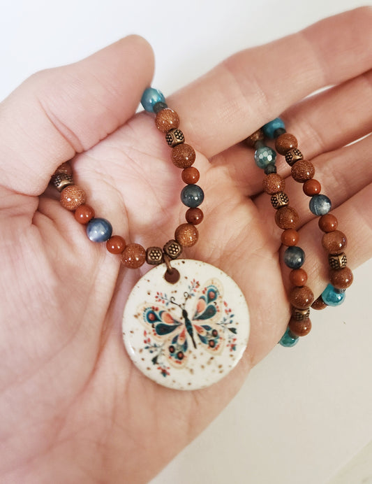 Ceramic butterfly gemstone copper necklace