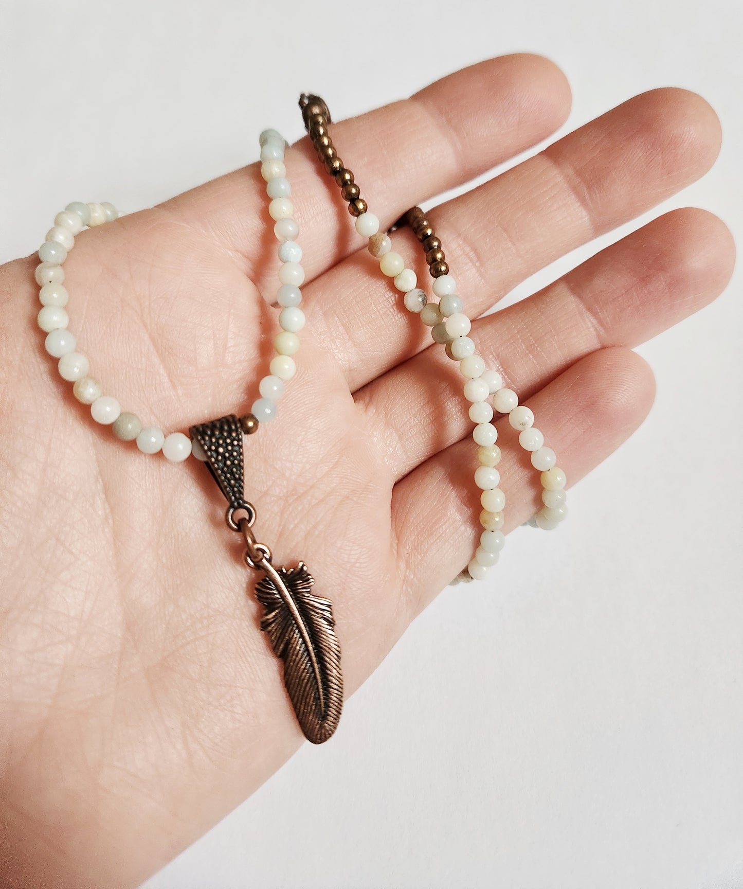 Copper feather necklace, Amazonite necklace, beaded necklace, statement necklace, sister gift, Best Friend Gifts