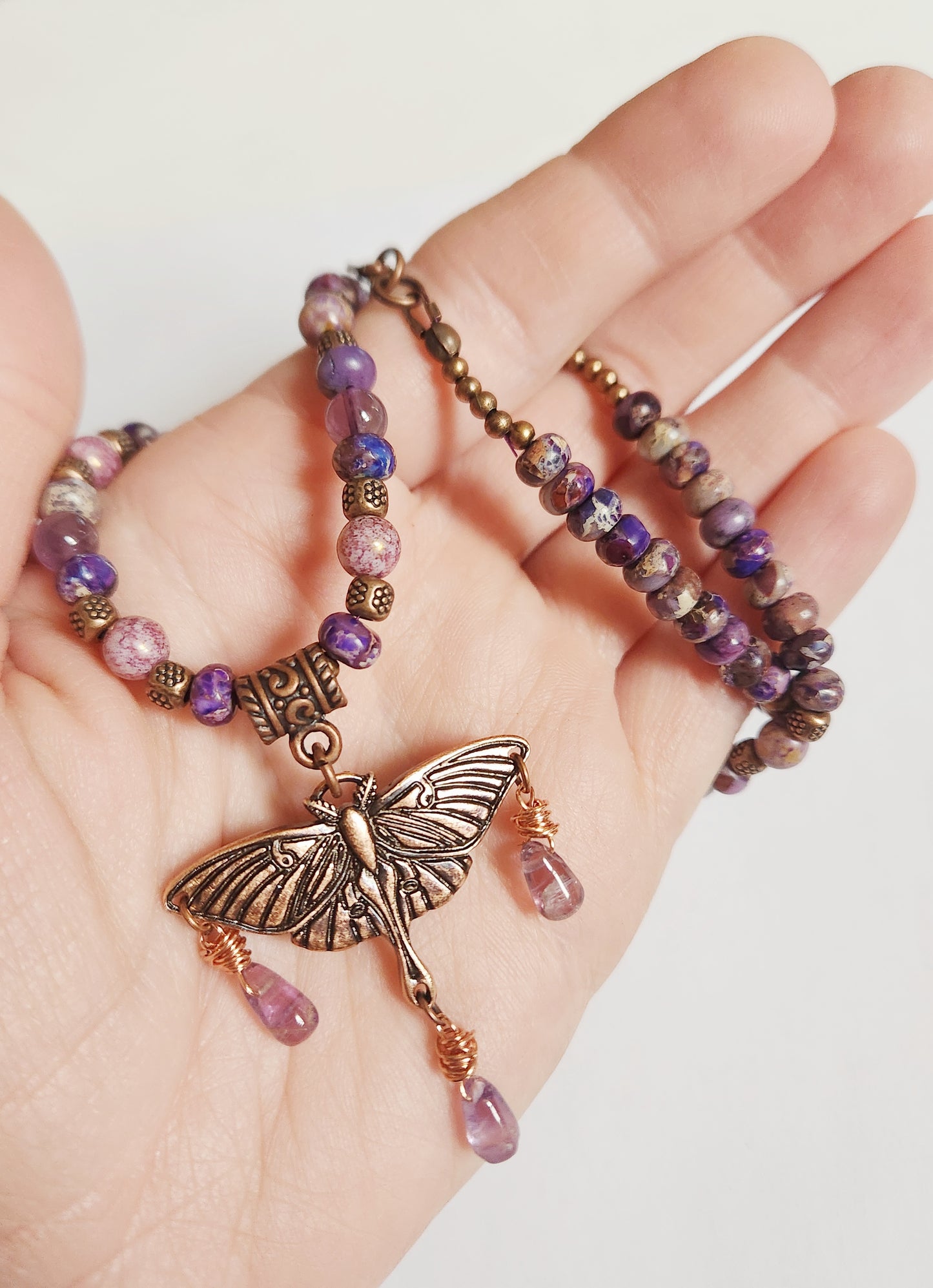 Copper Luna moth necklace, Amethyst Necklace, copper jewelry, Art deco necklace, Best Friend gift