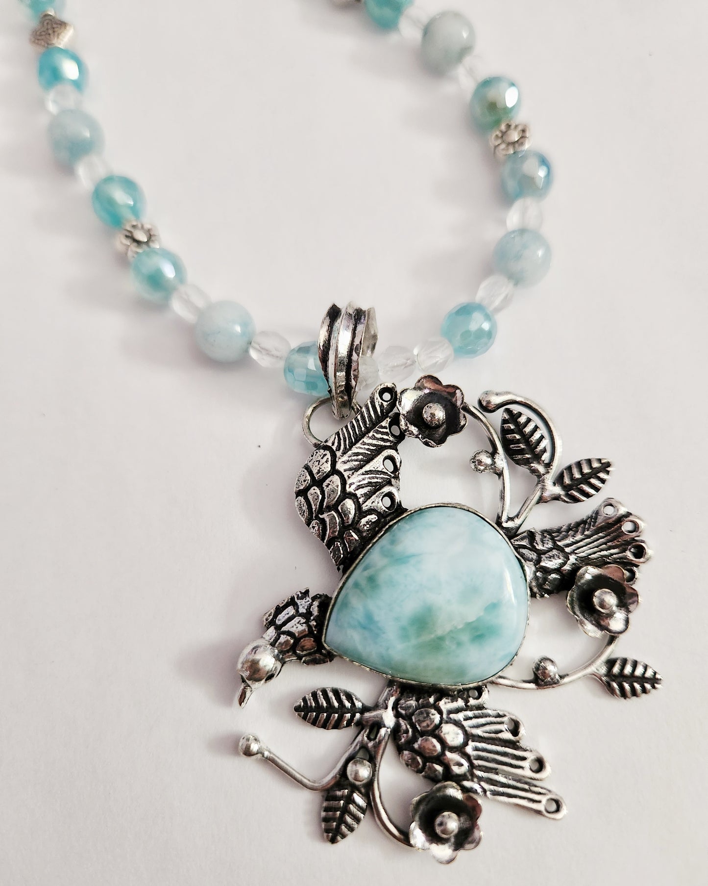 Larimar necklace, bird necklace, beaded statement necklace, gift for Mom, sister gift, artisan silver jewelry