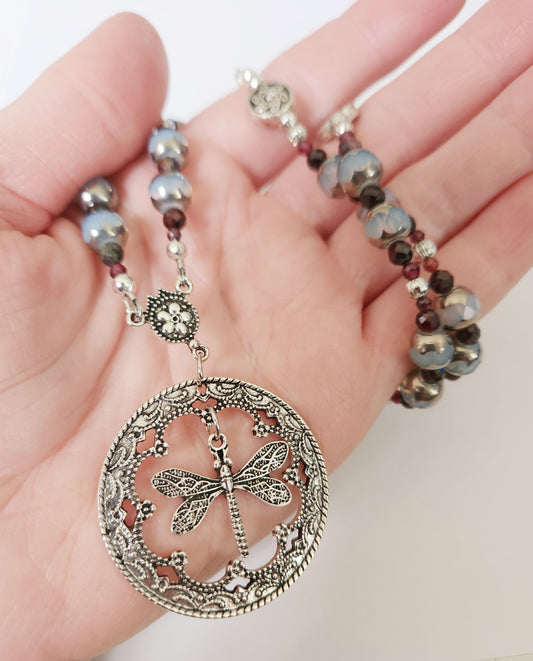 Silver dragonfly necklace, crystal necklace, sister gift, birthday gift for Mom, long statement beaded necklace, best selling items for her