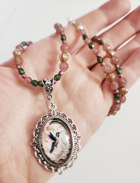 Hummingbird necklace, cottagecore, birthday gift for sister, beaded necklace, Magickal Moon jewelry