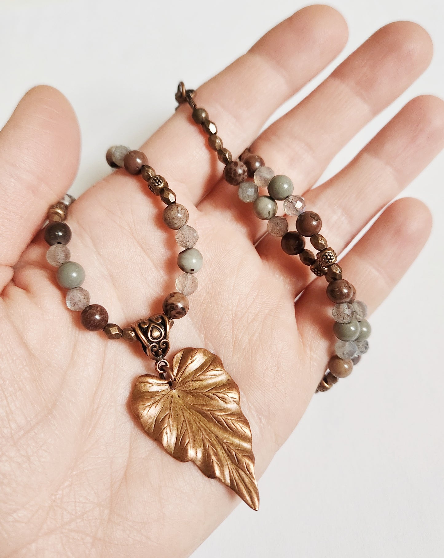 Copper leaf necklace, Artistic stone necklace, beaded necklace, statement necklace, stone necklace, gift for best friend